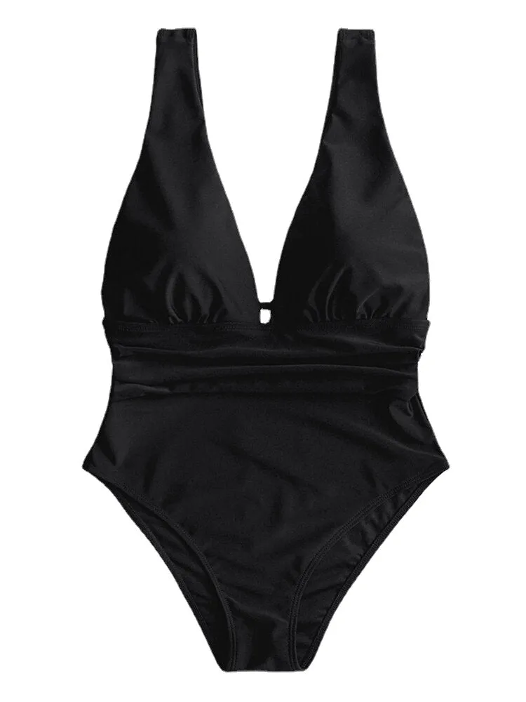 Women Monokini Plunge Wide Straps Ruffled Waist One Piece