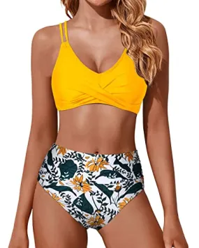 Women Two Piece Bikini Set Push Up Wrap Swim Suits Tummy Control Bathing Suit-Yellow Floral