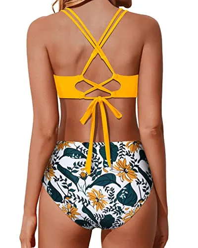 Women Two Piece Bikini Set Push Up Wrap Swim Suits Tummy Control Bathing Suit-Yellow Floral