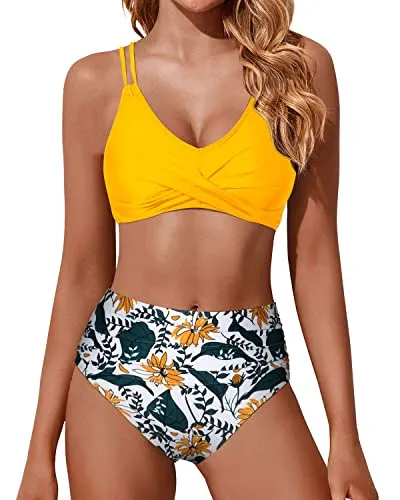 Women Two Piece Bikini Set Push Up Wrap Swim Suits Tummy Control Bathing Suit-Yellow Floral