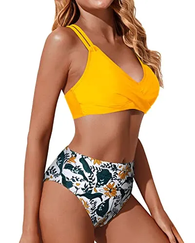 Women Two Piece Bikini Set Push Up Wrap Swim Suits Tummy Control Bathing Suit-Yellow Floral