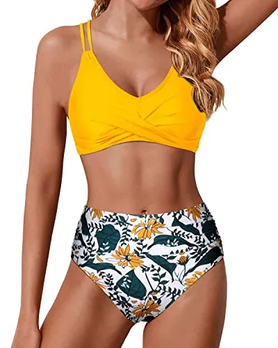 Women Two Piece Bikini Set Push Up Wrap Swim Suits Tummy Control Bathing Suit-Yellow Floral