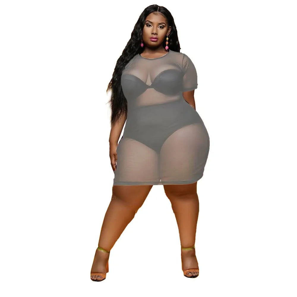 Women's Beach Blouse, Short Sleeve See-Through Transparent Mesh Short Dress