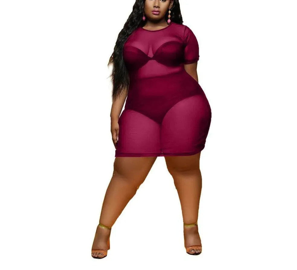 Women's Beach Blouse, Short Sleeve See-Through Transparent Mesh Short Dress