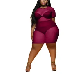 Women's Beach Blouse, Short Sleeve See-Through Transparent Mesh Short Dress