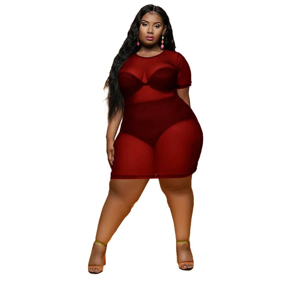 Women's Beach Blouse, Short Sleeve See-Through Transparent Mesh Short Dress