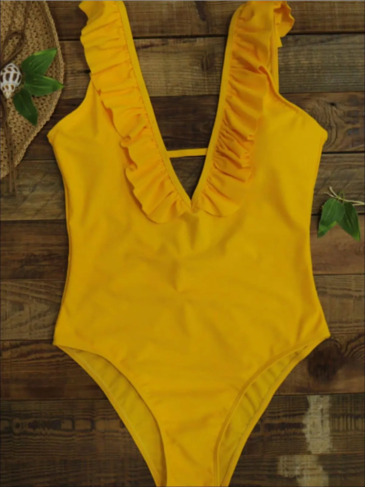 Women's Ruffled High Leg Cut Backless One Piece Swimsuit