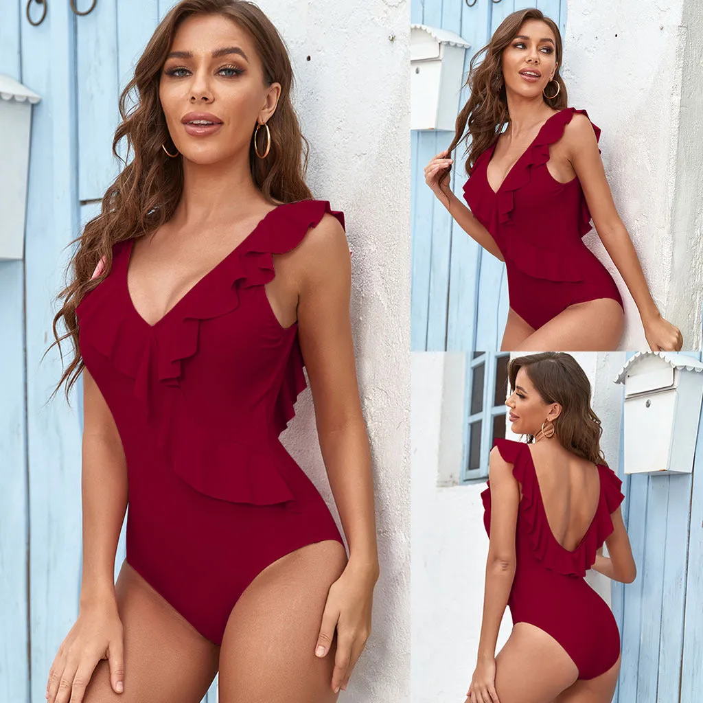 Women’s Ruffled V-Neck One Piece Swimsuit
