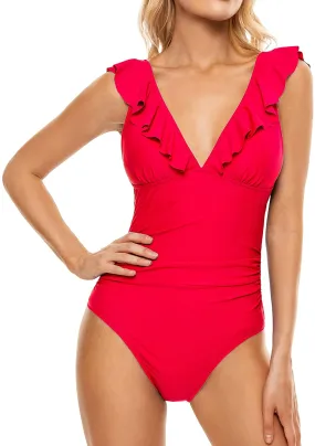 Women's Ruffled V Neck One Piece Swimsuits Tummy Control Bathing Suits Lace Up Swimwear