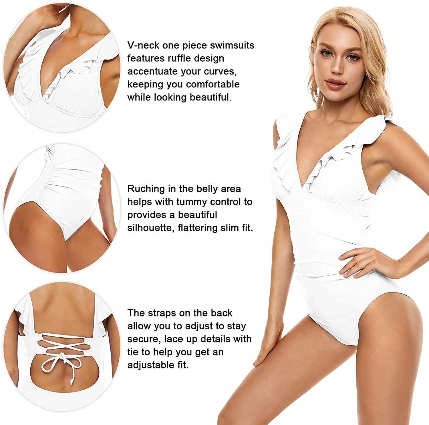 Women's Ruffled V Neck One Piece Swimsuits Tummy Control Bathing Suits Lace Up Swimwear