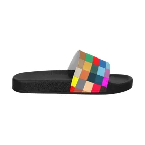 Womens Slides, Flip Flop Sandals, Multicolor Block Print by inQue.Style