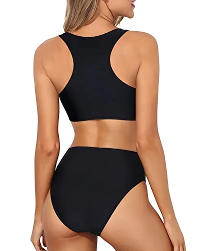 Women's Sporty Crop Top Bikini With Bottom For Teen Girls-Black
