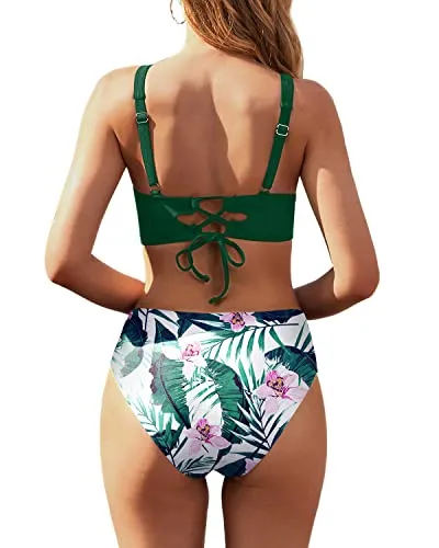 Women's Tummy Control Two-Piece High Waisted Bikini Swimwear-Green Tropical Floral